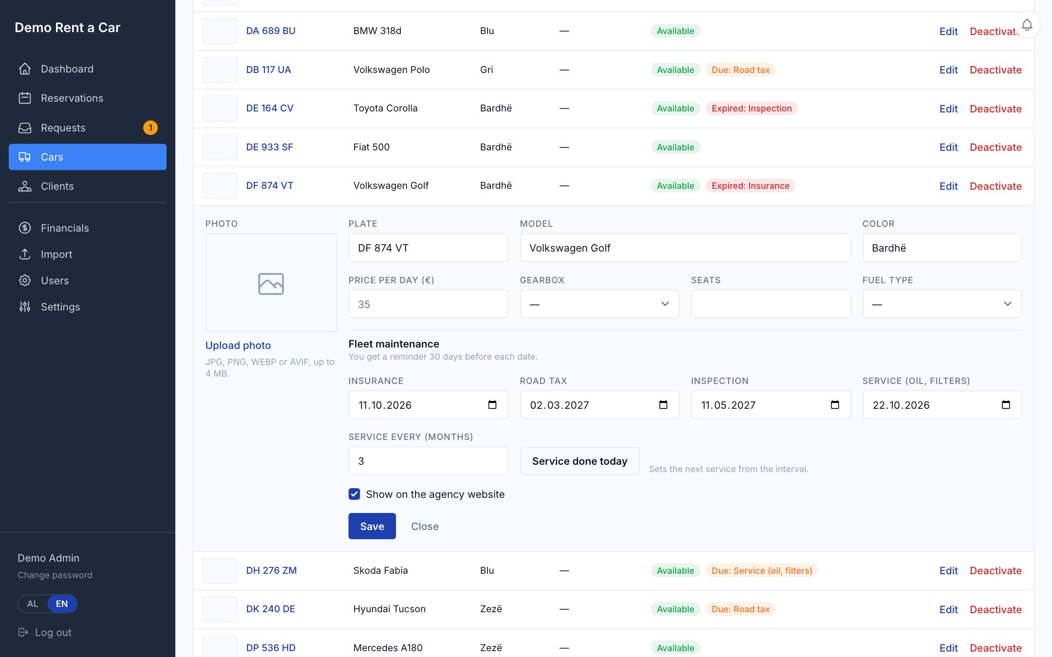 Fleet maintenance · Mjetet